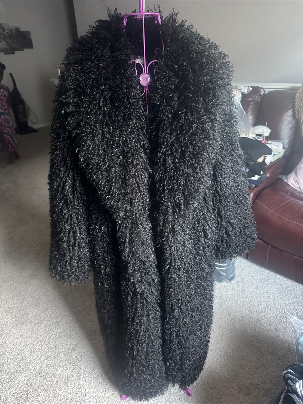 Missgguided Women's Black Curly Faux-Shearling Fur Coat